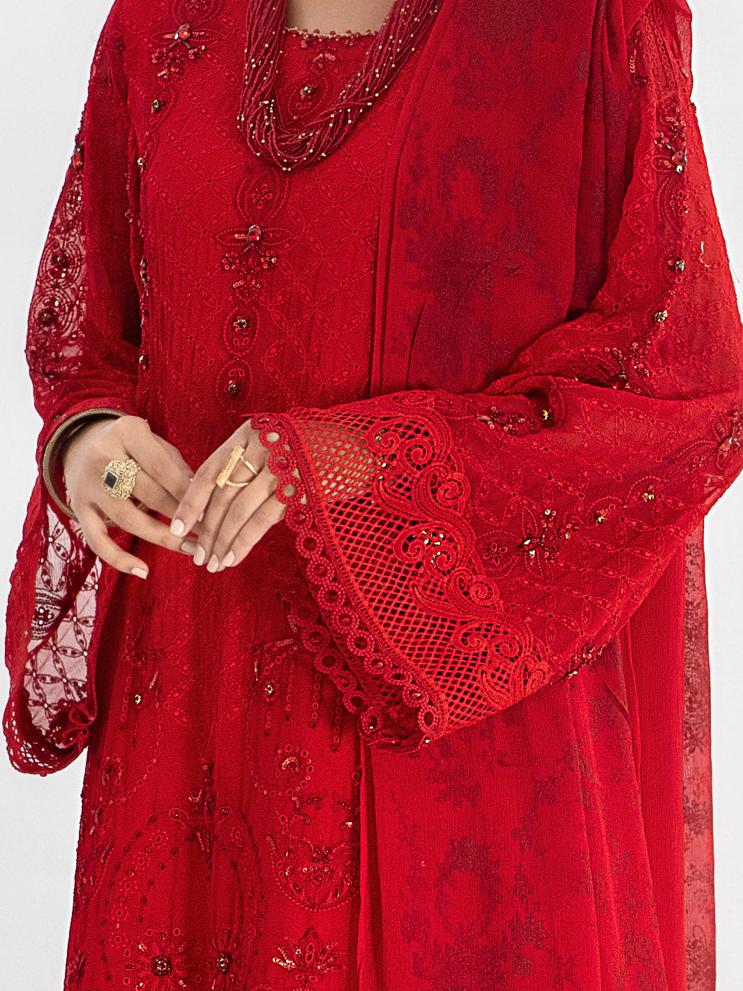 Red Bemberg Chiffon 3 Piece Formal Stitched - AL-3PS-LS-312