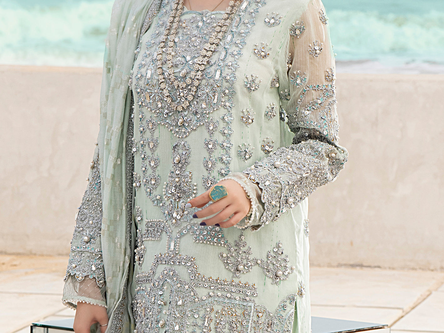 Mint Green Khaddi Net 3 Piece Formal Unstitched - AL-3PS-LS-UN-326