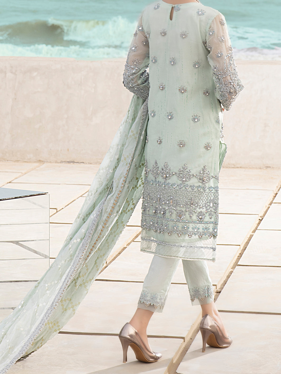 Mint Green Khaddi Net 3 Piece Formal Unstitched - AL-3PS-LS-UN-326