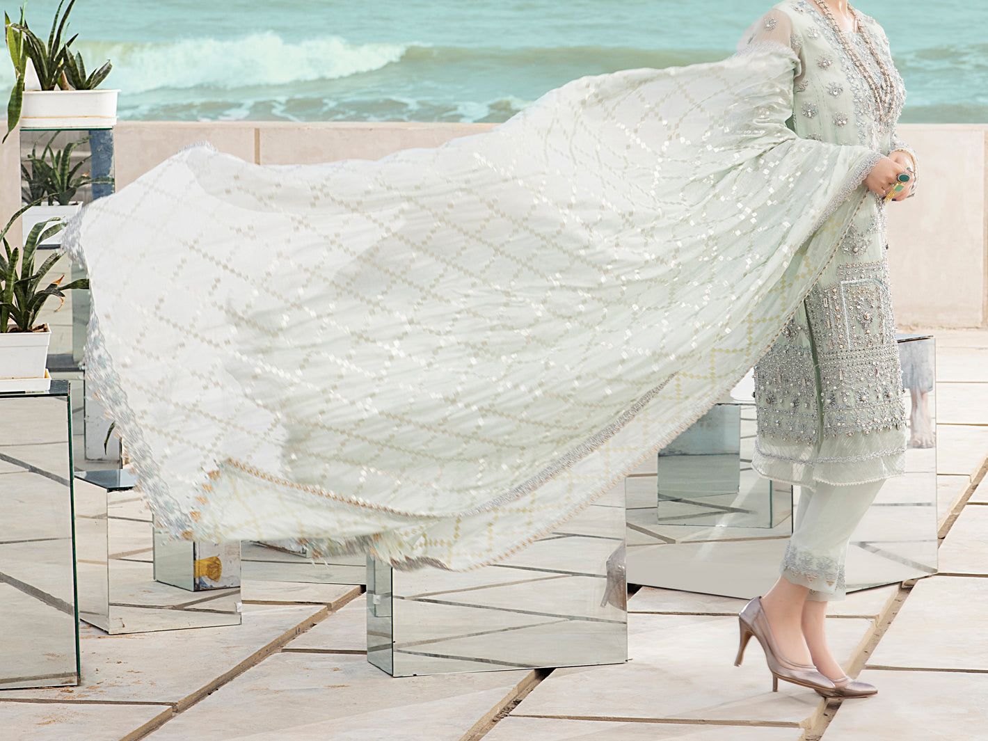 Mint Green Khaddi Net 3 Piece Formal Unstitched - AL-3PS-LS-UN-326