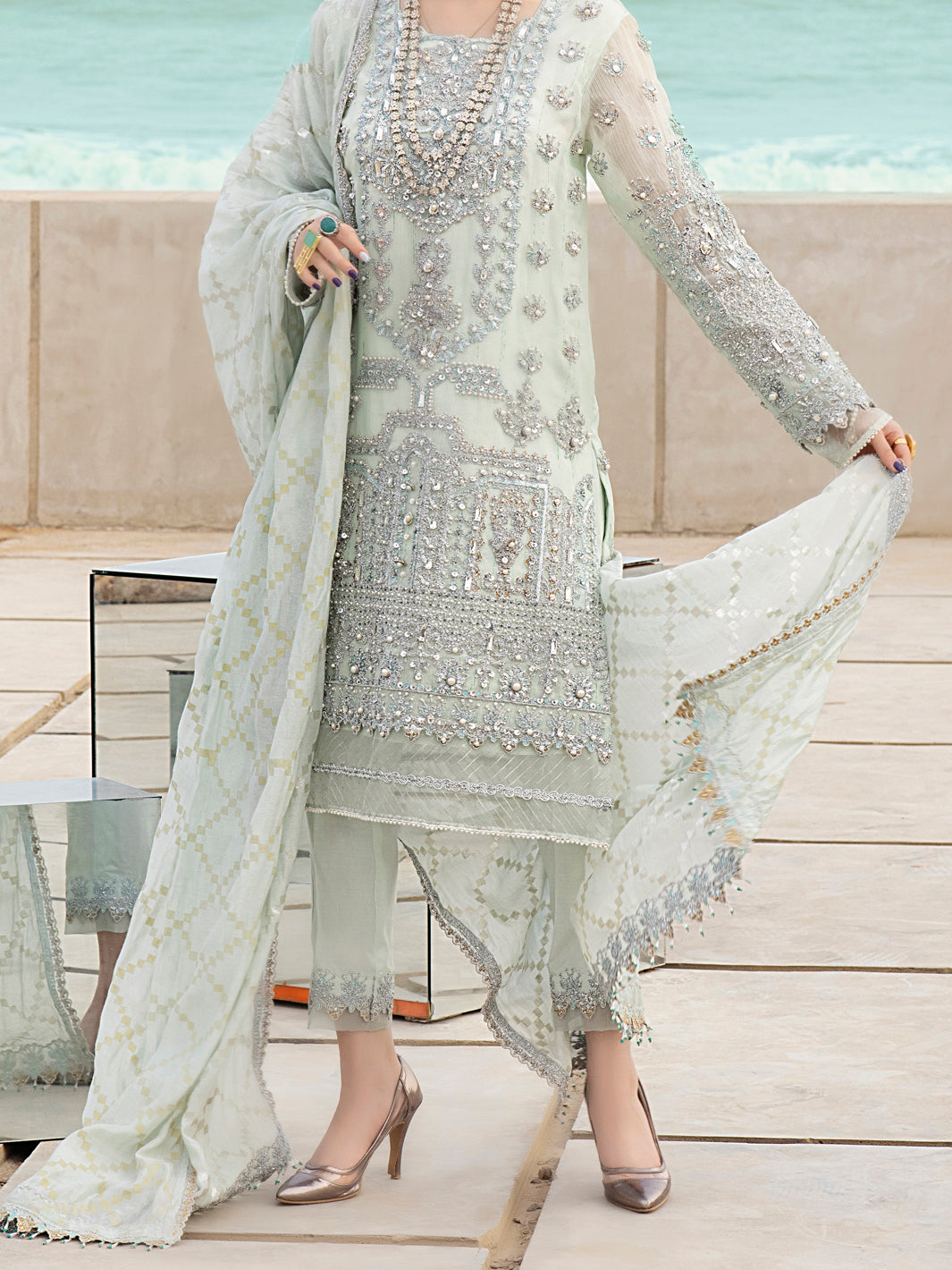 Mint Green Khaddi Net 3 Piece Formal Unstitched - AL-3PS-LS-UN-326