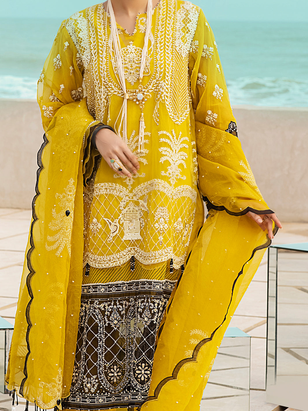 Yellow Organza 3 Piece Formal Unstitched - AL-3PS-LS-UN-328