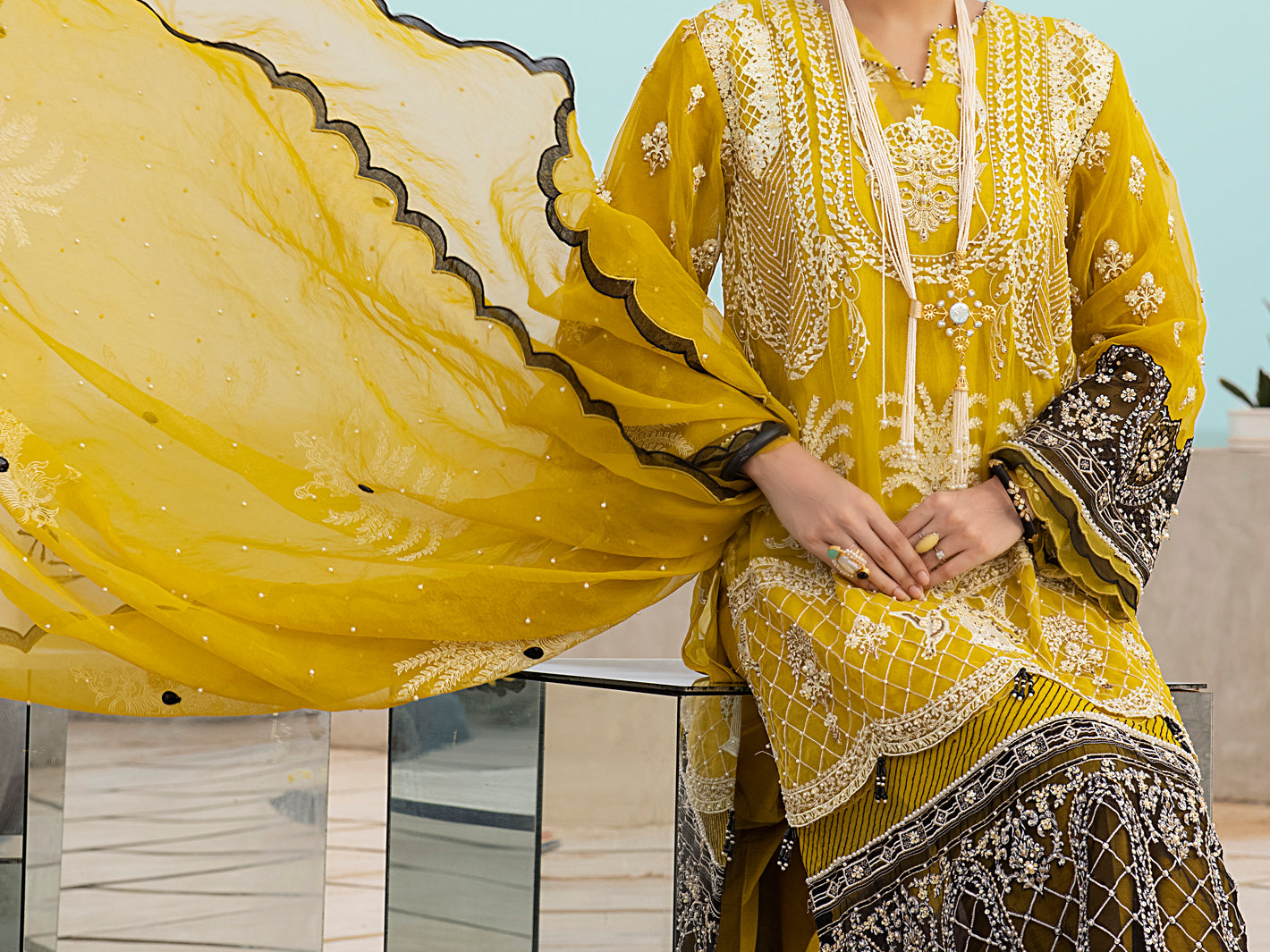 Yellow Organza 3 Piece Formal Unstitched - AL-3PS-LS-UN-328