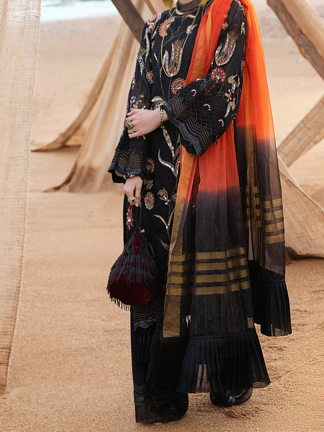 Black Khaddi Net 3Pc Formal Unstitched - AL-3PS-LS-UN-331