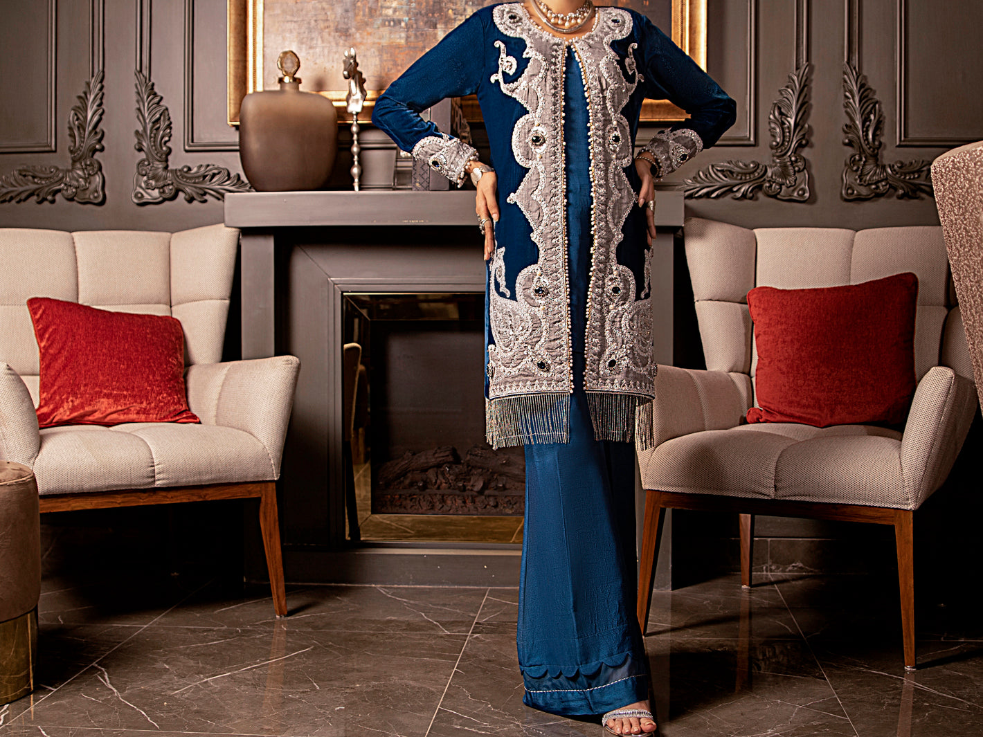 Royal Blue Velvet 2Pc Formal Stitched - AL-2PS-LS-339