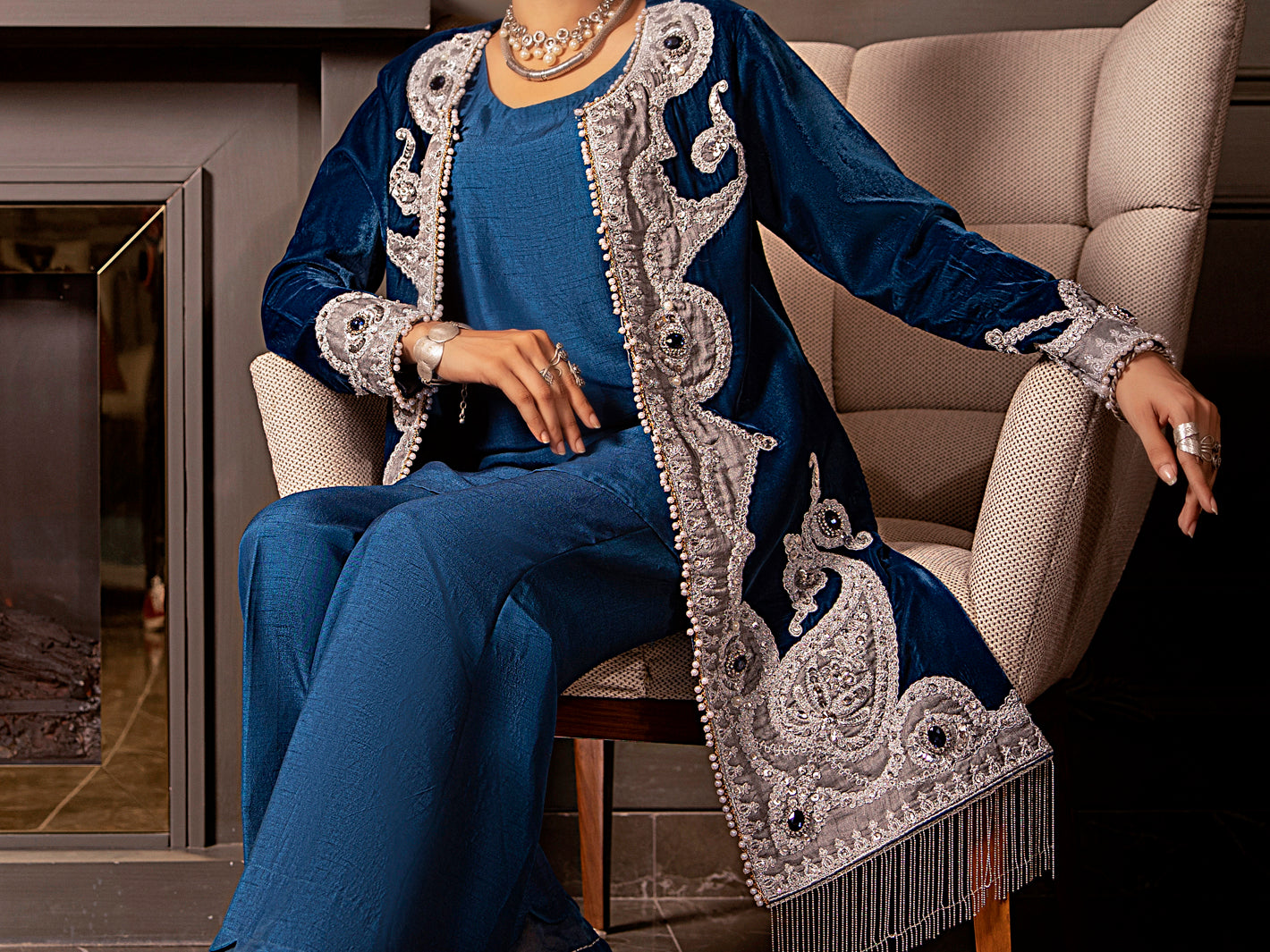 Royal Blue Velvet 2Pc Formal Stitched - AL-2PS-LS-339