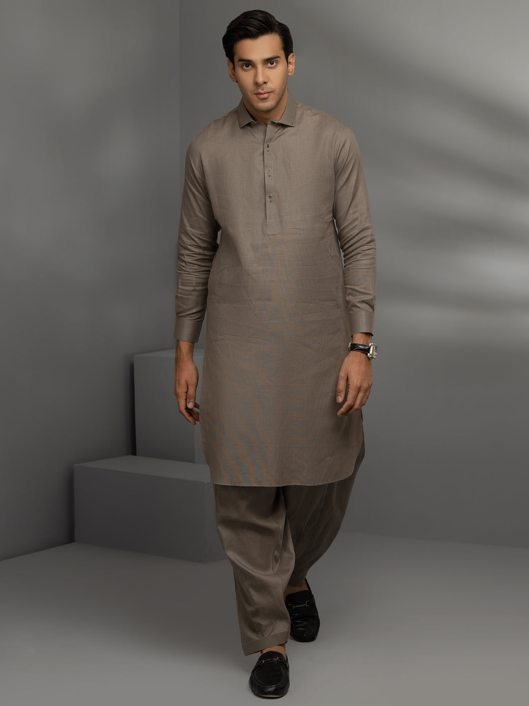 Grey Cotton Kameez Shalwar - ALWA-KS-342