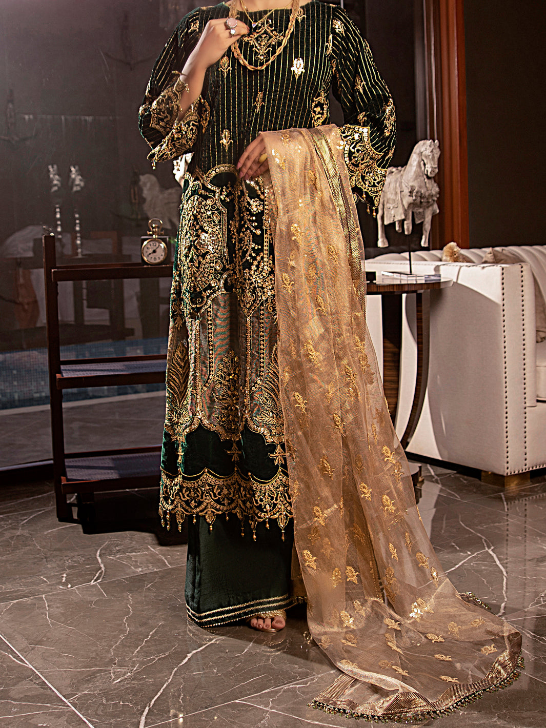 Green Velvet 3Pc Formal Stitched - AL-3PS-LS-344