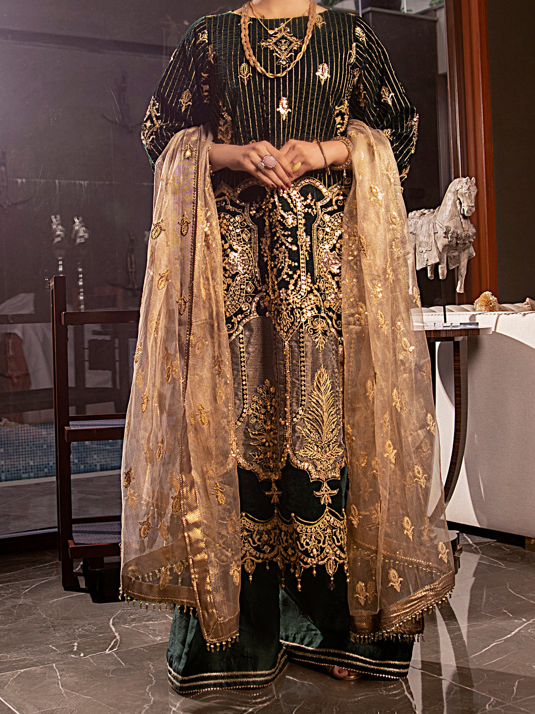 Green Velvet 3Pc Formal Stitched - AL-3PS-LS-344