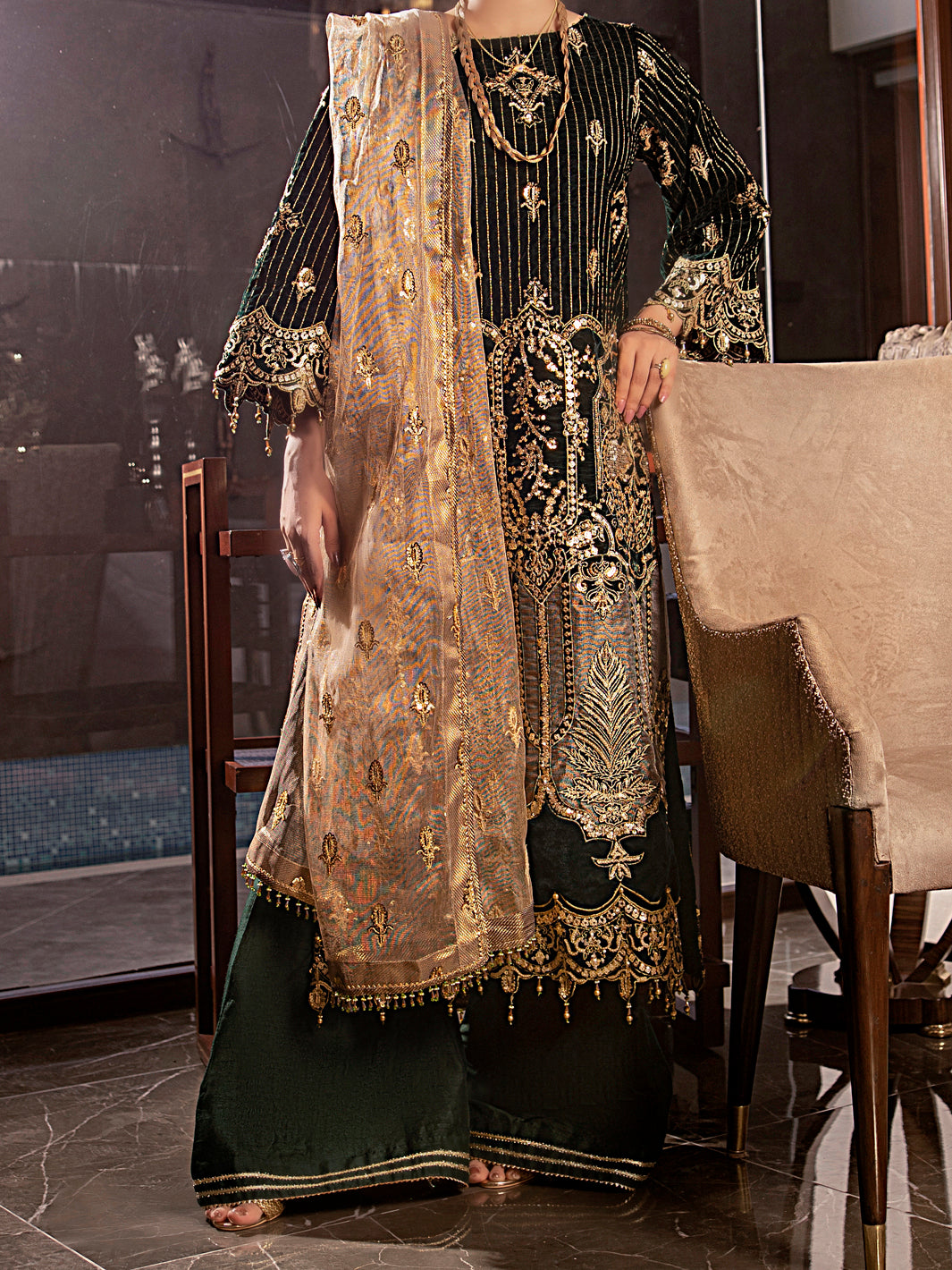 Green Velvet 3Pc Formal Stitched - AL-3PS-LS-344