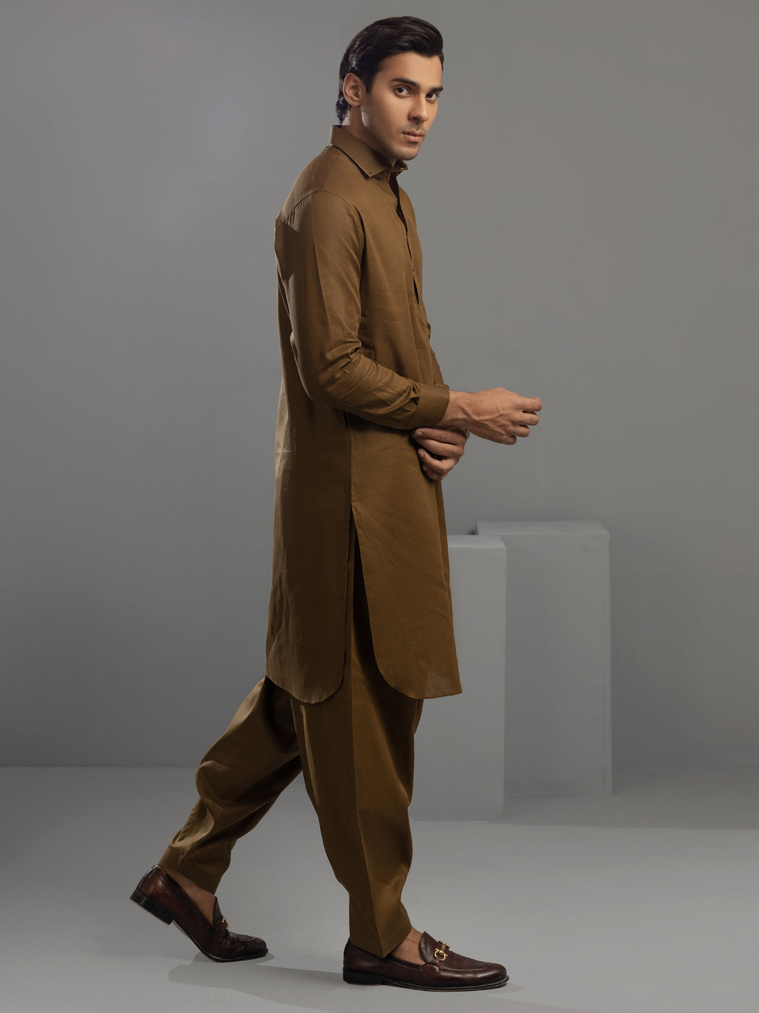 Brown Cotton Kameez Shalwar - ALWA-KS-344
