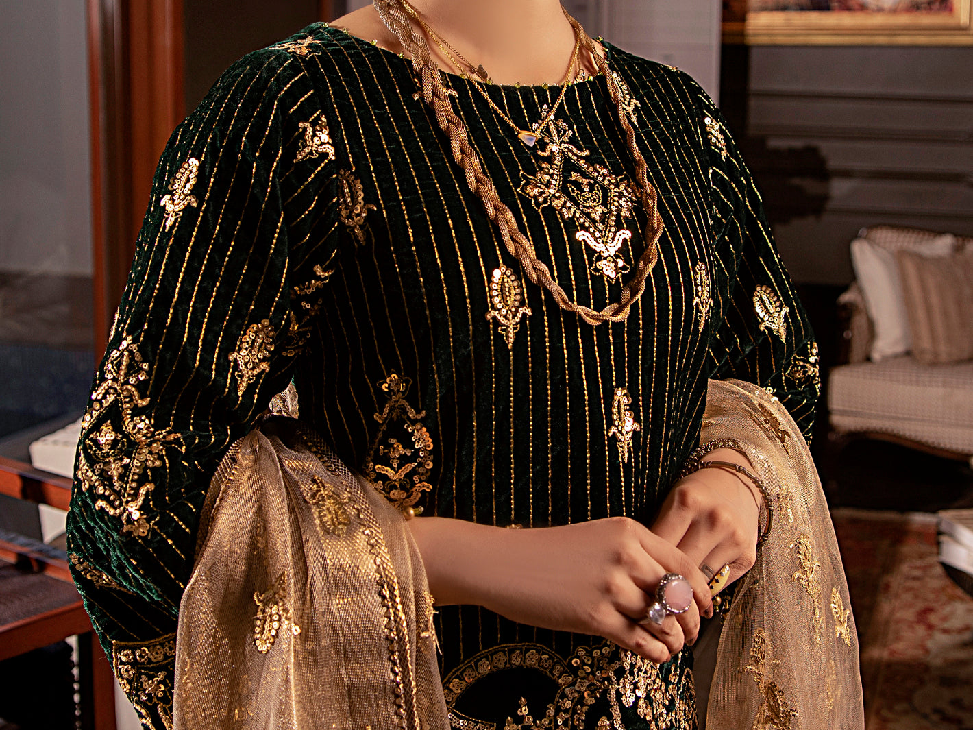 Green Velvet 3Pc Formal Stitched - AL-3PS-LS-344