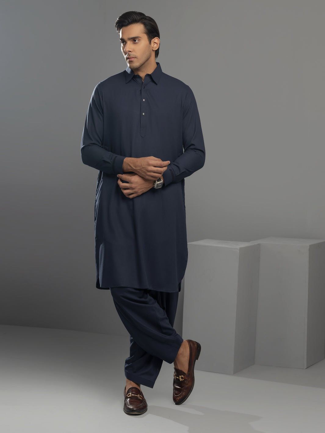 Navy Blue Blended Kameez Shalwar - ALWA-KS-346