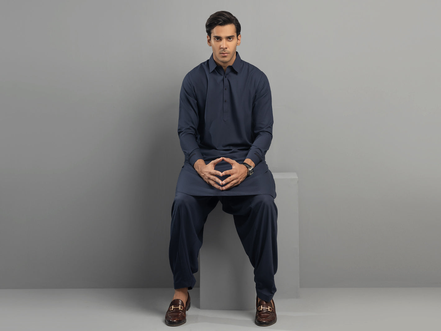 Navy Blue Blended Kameez Shalwar - ALWA-KS-346