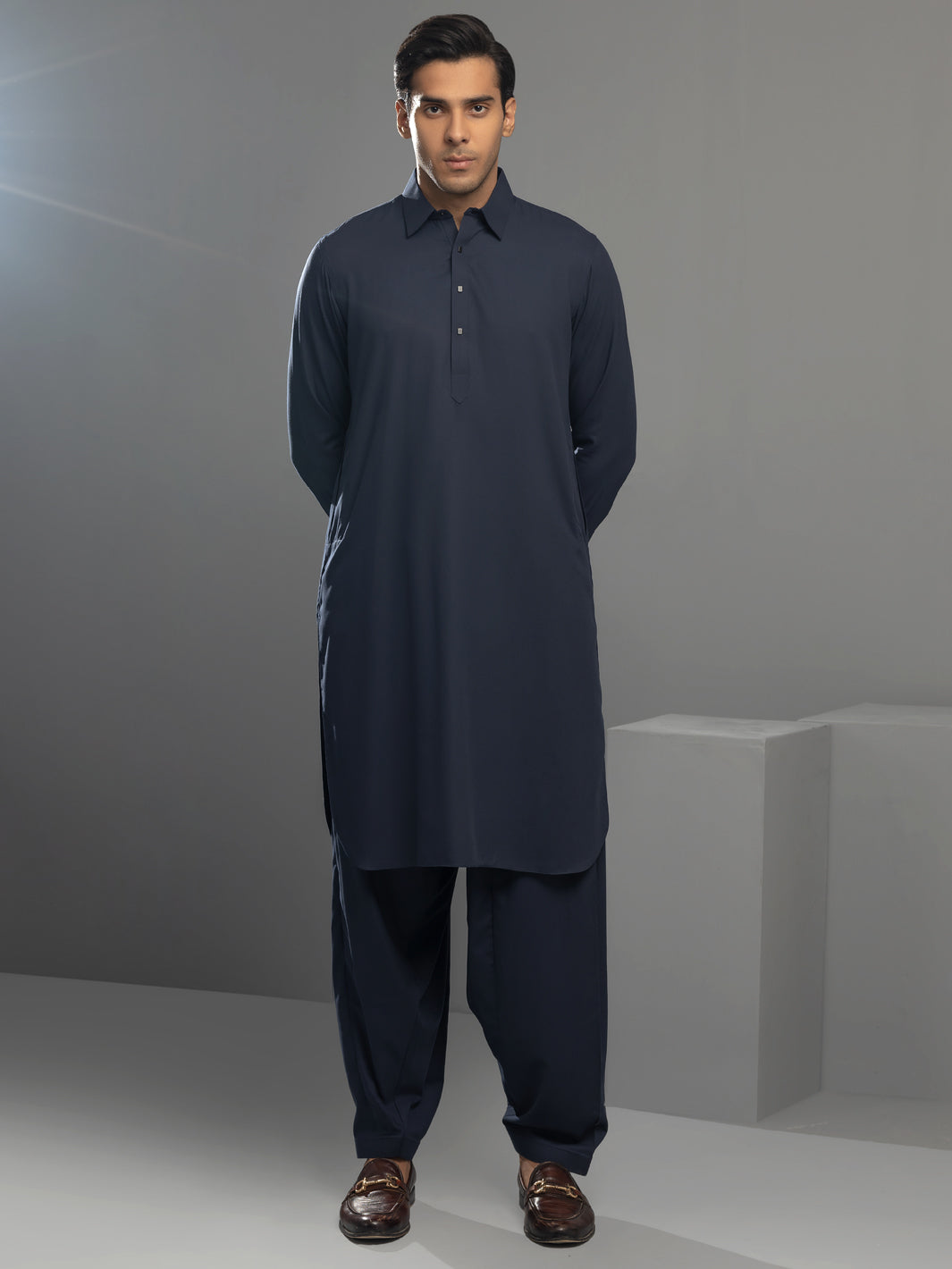 Navy Blue Blended Kameez Shalwar - ALWA-KS-346