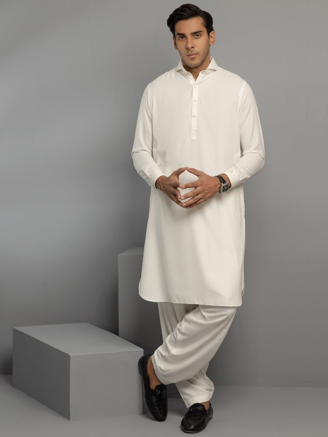 Off White Blended Kameez Shalwar - ALWA-KS-348