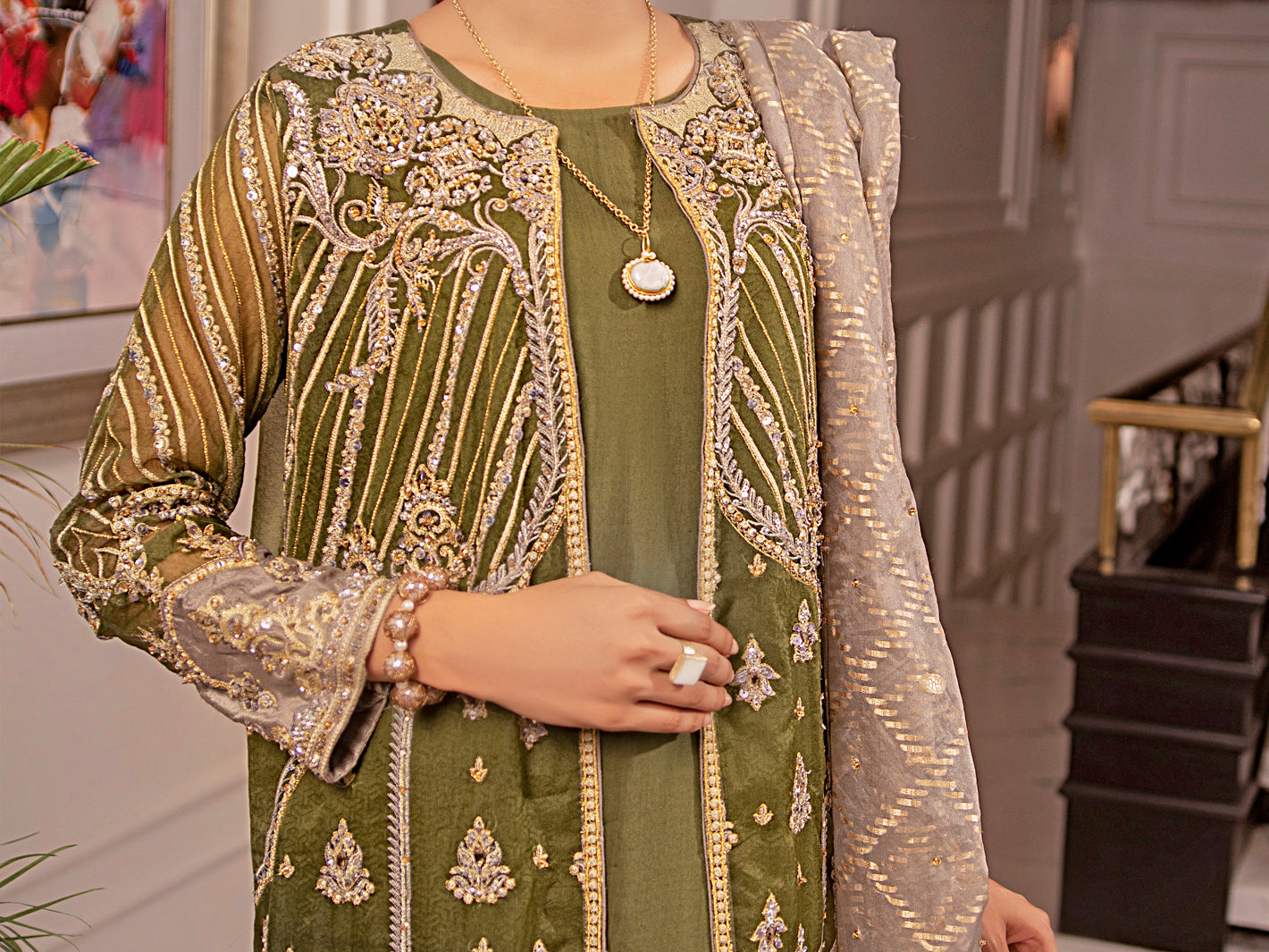Green Organza 3Pc Formal Unstitched - AL-3PS-LS-UN-349