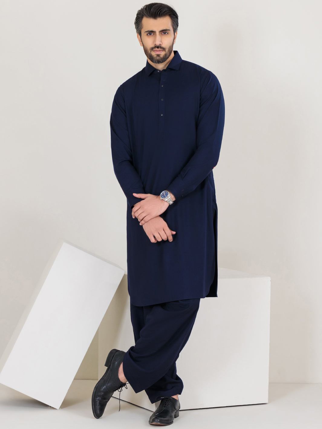 Navy Blue Blended Kameez Shalwar - ALWA-KS-350