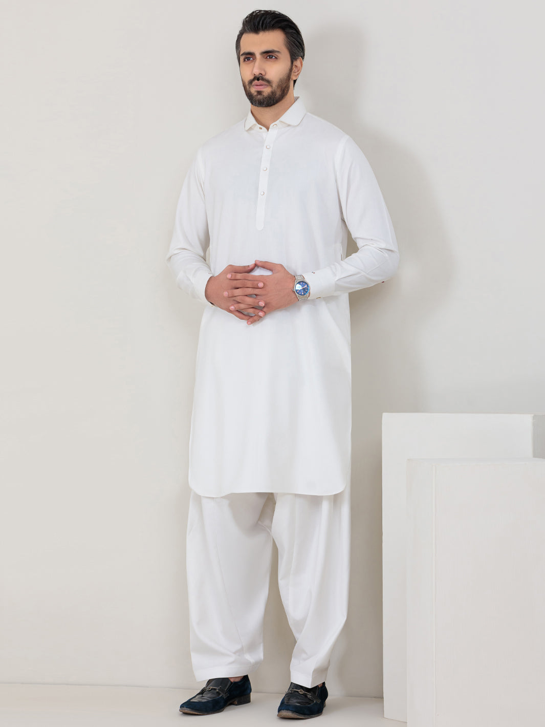 White Blended Kameez Shalwar - ALWA-KS-351