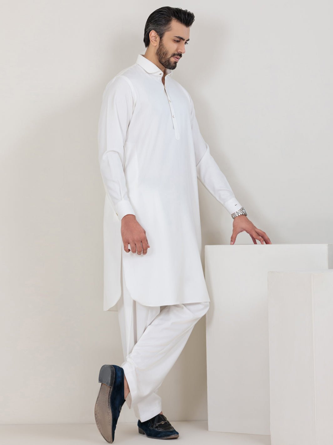 White Blended Kameez Shalwar - ALWA-KS-351