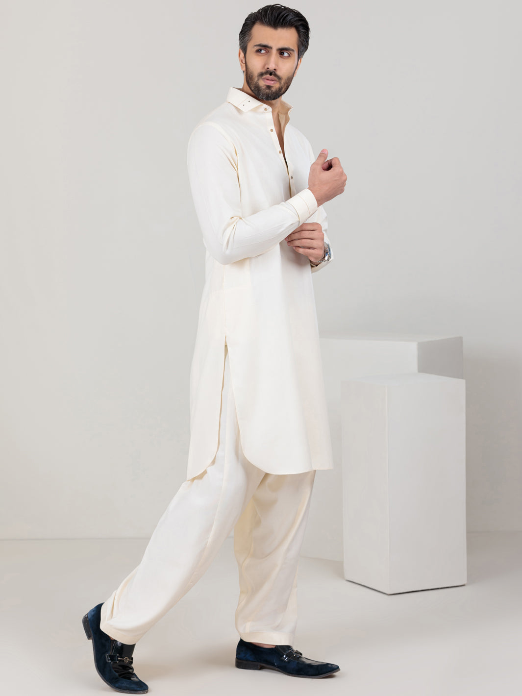 Off White Blended Kameez Shalwar - ALWA-KS-352