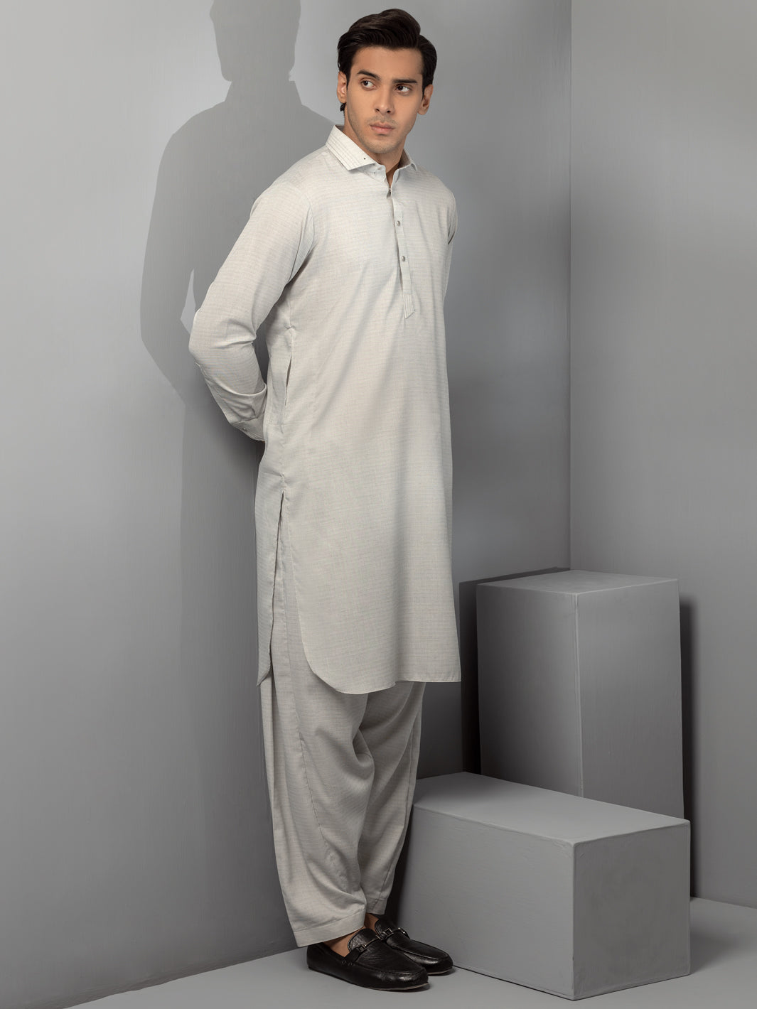 Light Grey Blended Kameez Shalwar - ALWA-KS-354