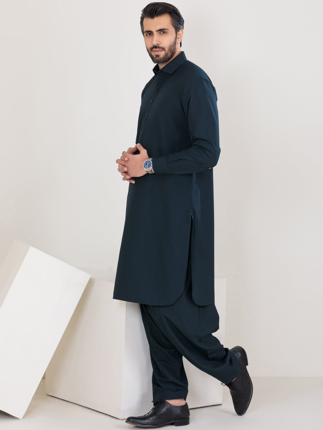 Navy Blue Blended Kameez Shalwar - ALWA-KS-360