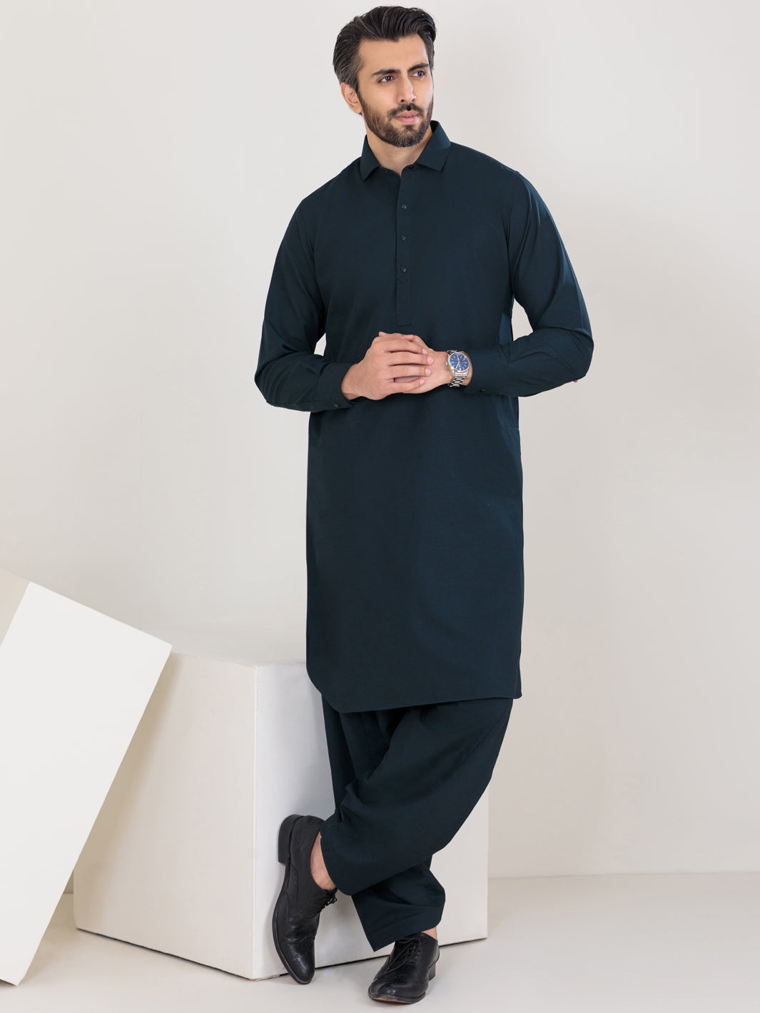 Navy Blue Blended Kameez Shalwar - ALWA-KS-360