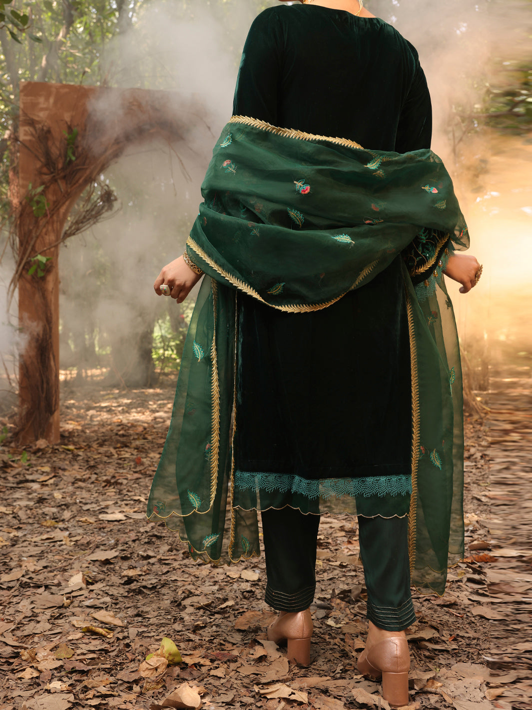 Dark Green Velvet 3Pc Formal Stitched - AL-3PS-LS-389