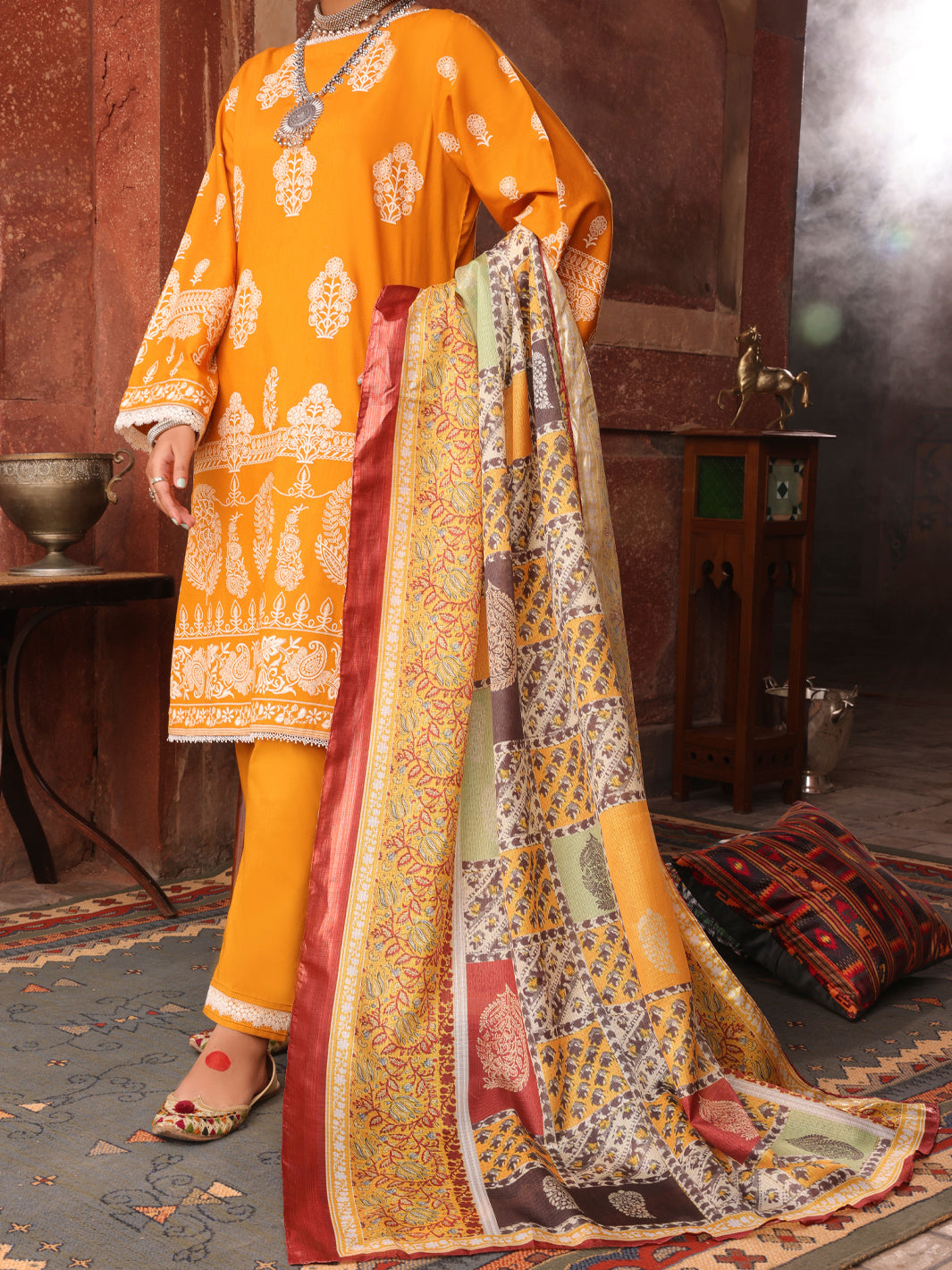 Yellow Cambric Unstitched 3Pc - AWP-3PS-404