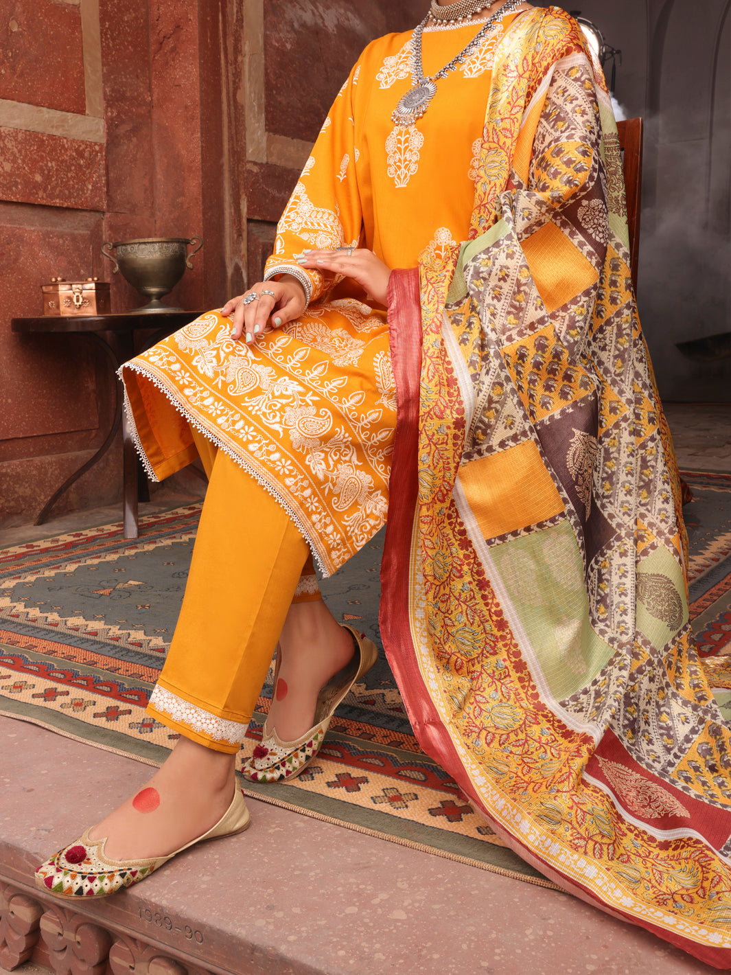 Yellow Cambric Unstitched 3Pc - AWP-3PS-404