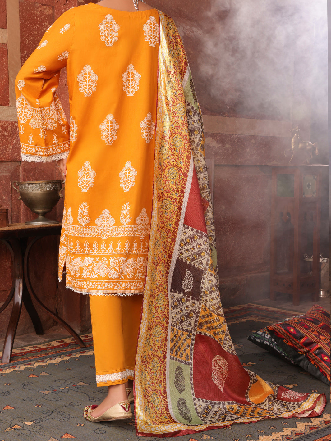 Yellow Cambric Unstitched 3Pc - AWP-3PS-404