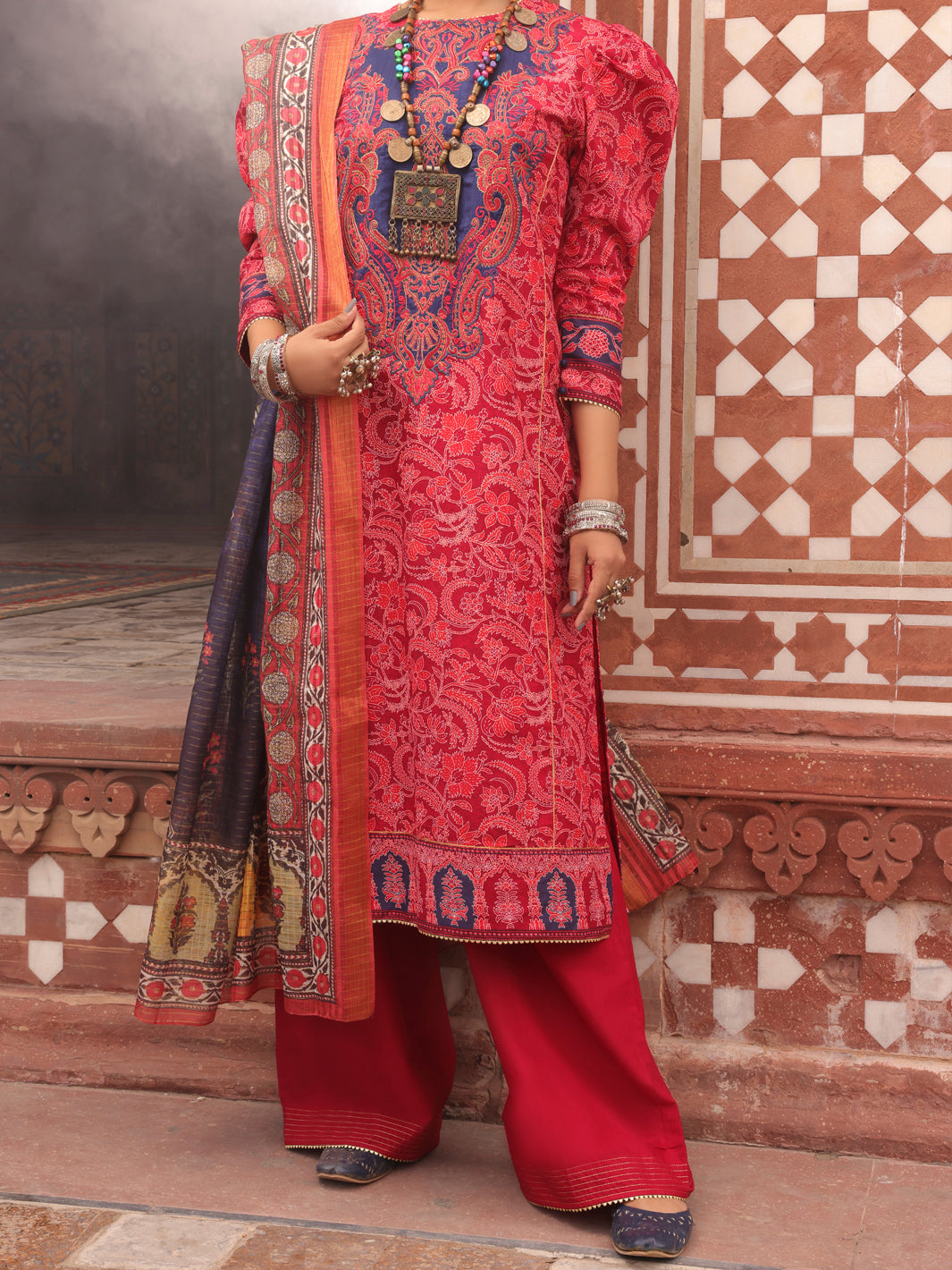 Red Cambric Unstitched 3 Piece - AWP-3PS-406