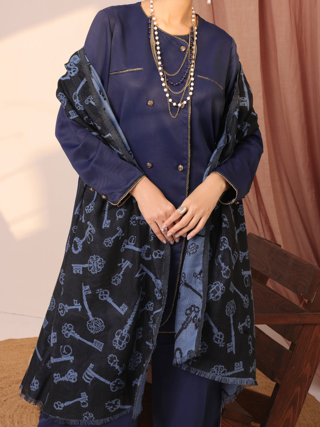 Blue Dobby Viscose Unstitched 3Pc - AWP-3PS-433