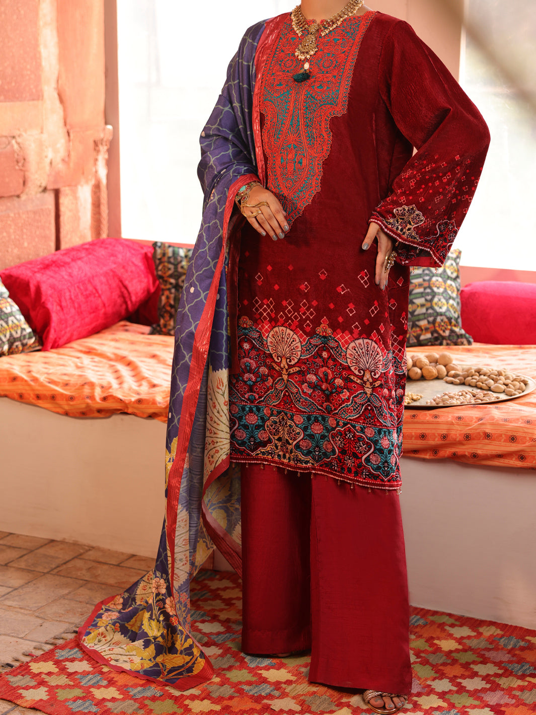 Maroon Velvet Unstitched 3Pc - AWP-3PS-444