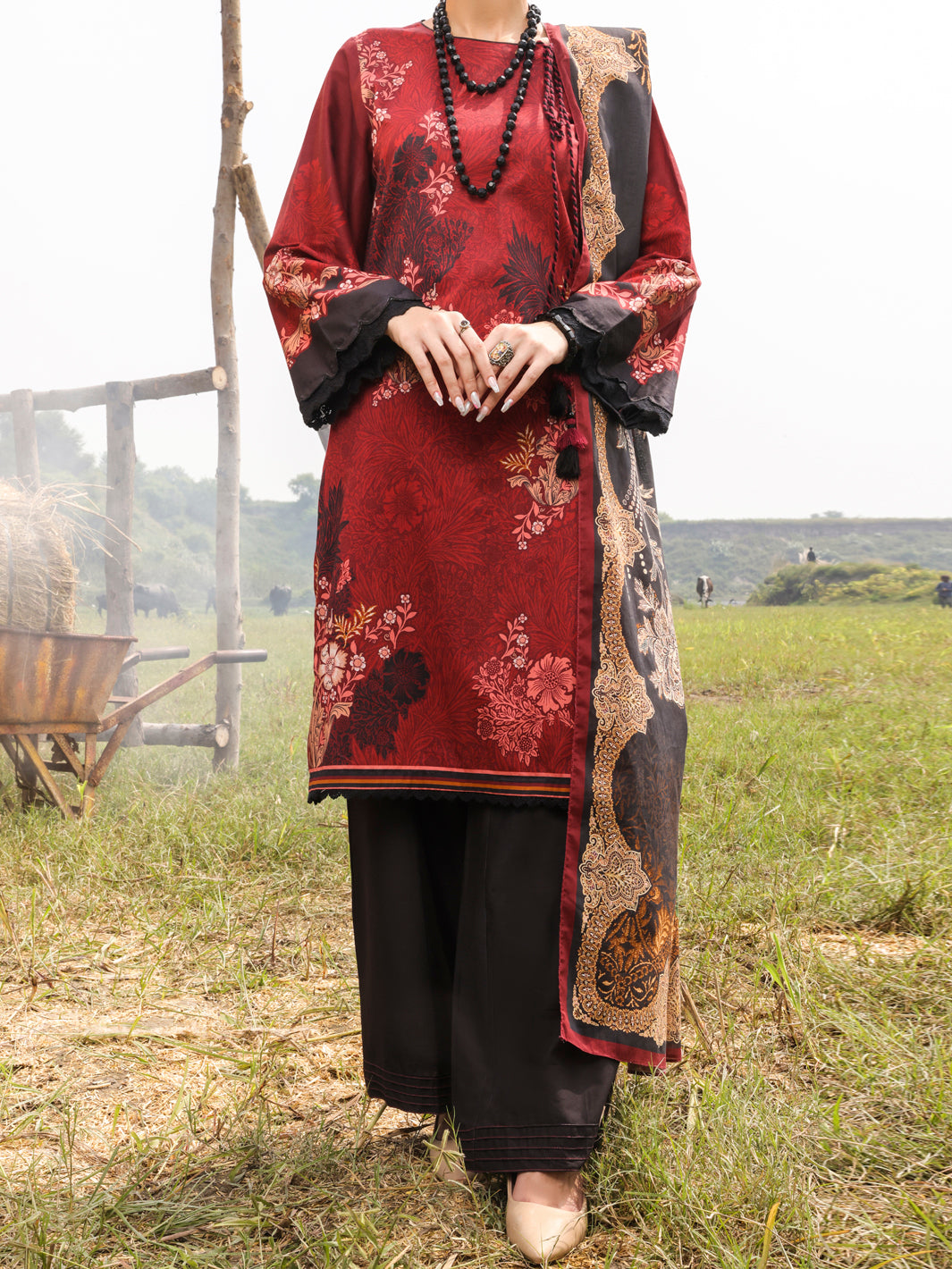 Maroon Cambric Unstitched 3Pc - AWP-3PS-517