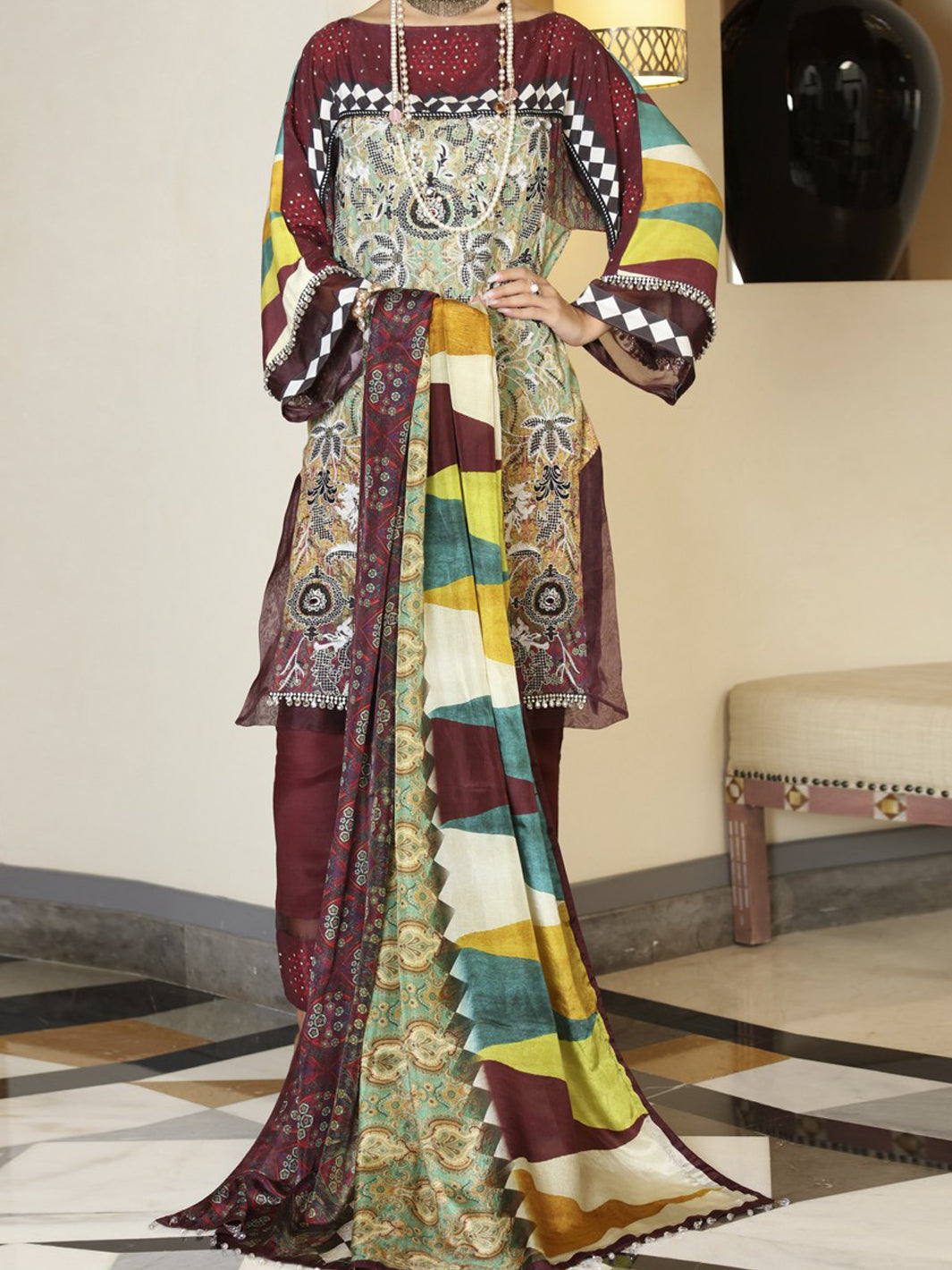 Mehroon Silk Viscose 3Pc Unstitched - ALP-561