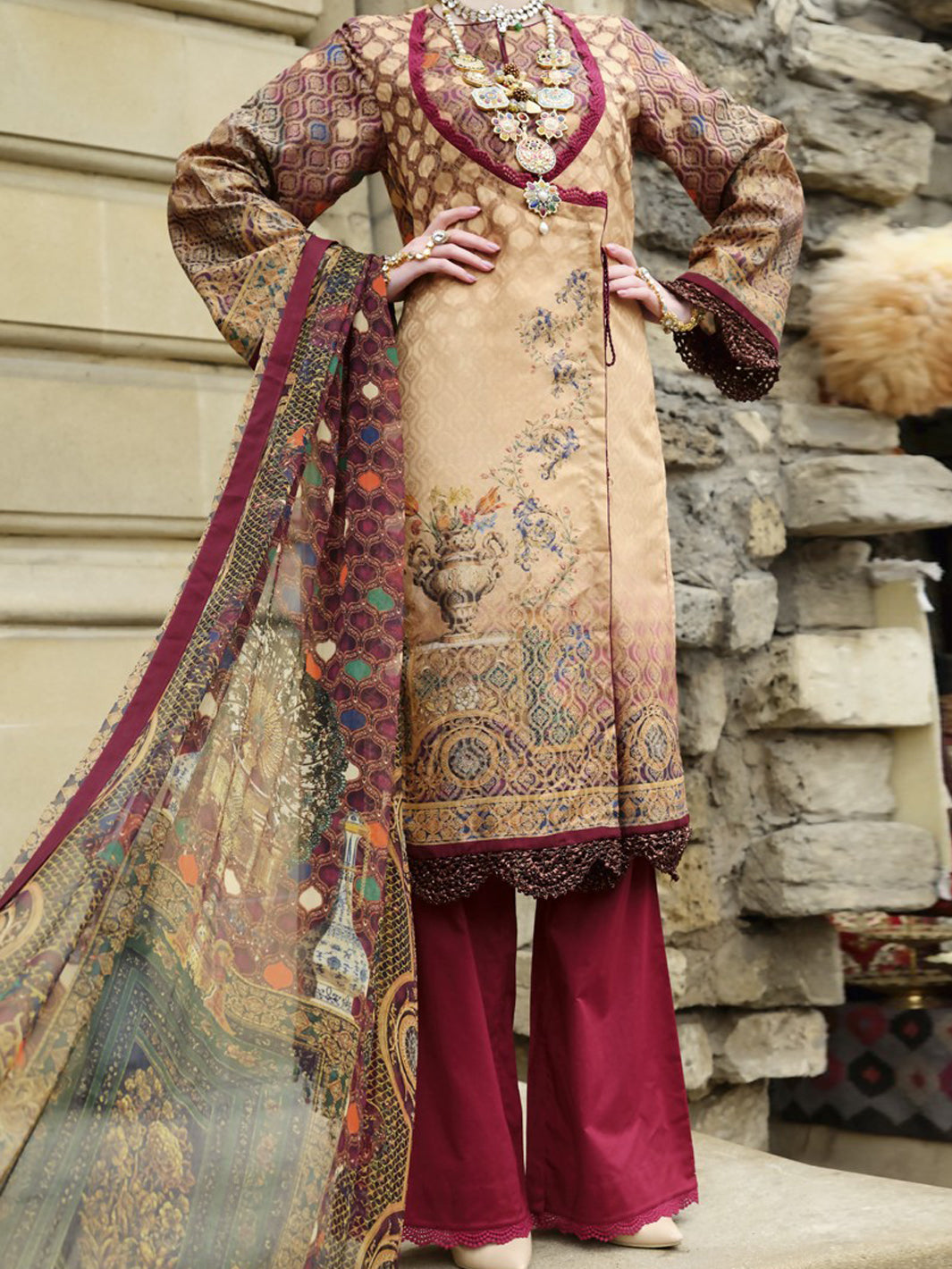 Maroon Jacquard 3Pc Unstitched - ALP-681