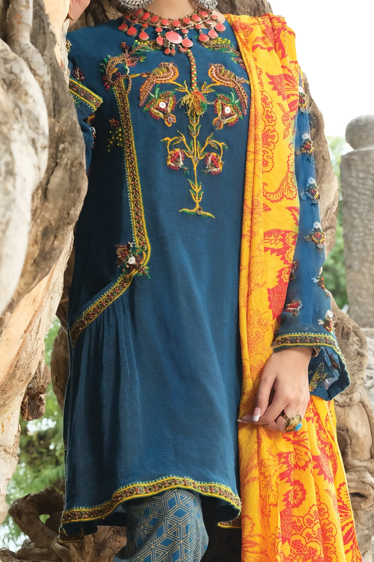 Blue Cotton Net 3Pc Unstitched - ALP-728