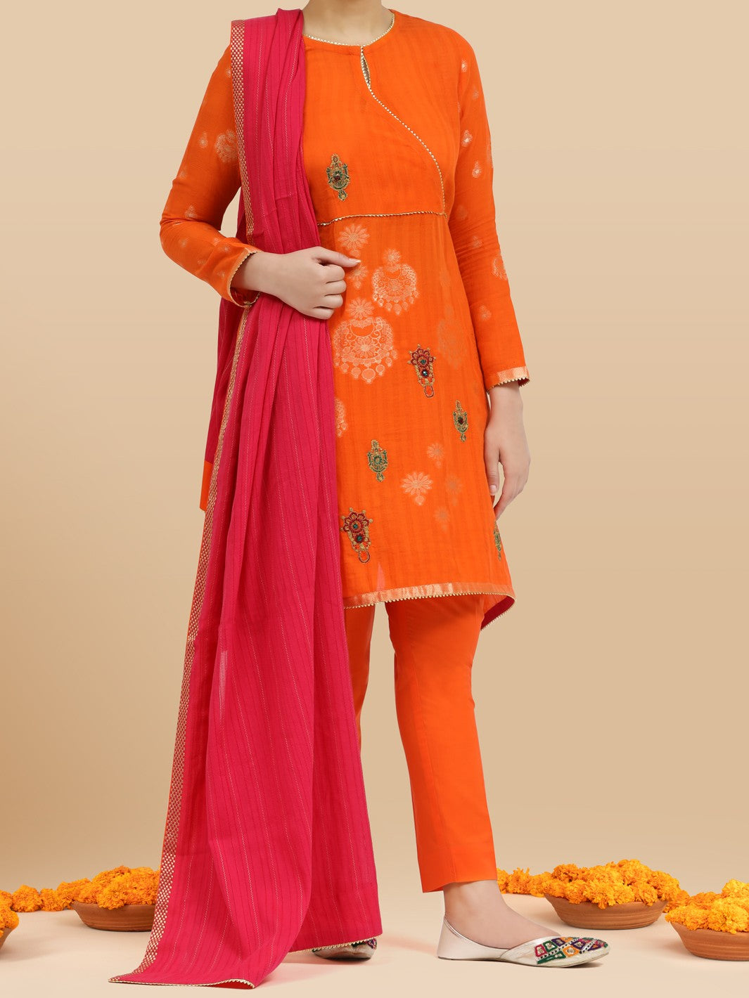 Orange Jacquard 3Pc Unstitched - ALP-3PS-843