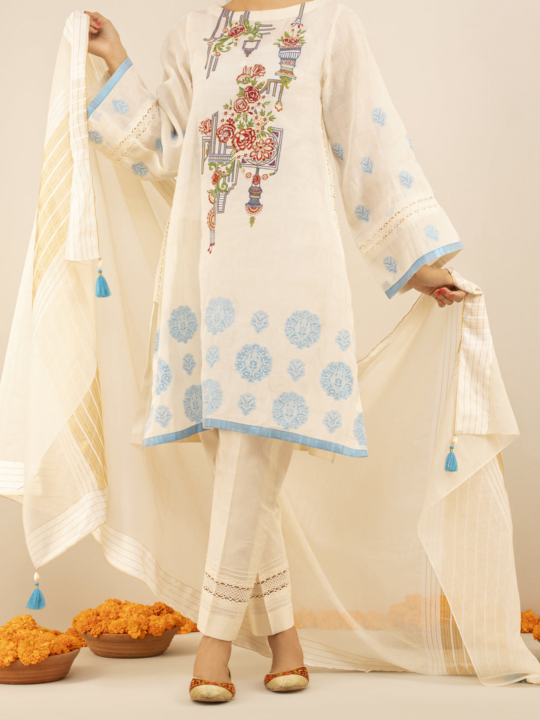 White Jacquard 3Pc Stitched - ALP-3PS-844