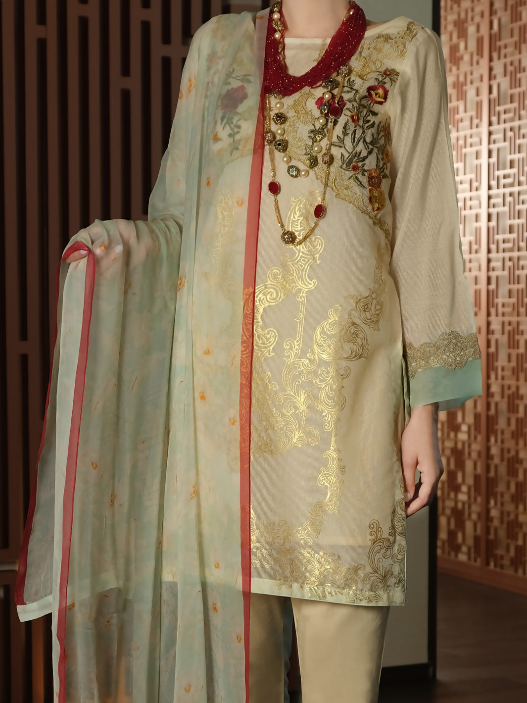 Off White Khaddi Silk 3 Piece Stitched - ALP-3PS-898