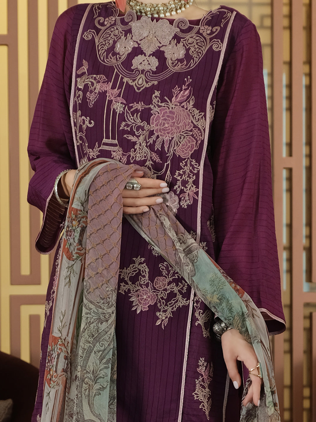 Purple Khaddi Net 3Pc Stitched - ALP-3PS-899