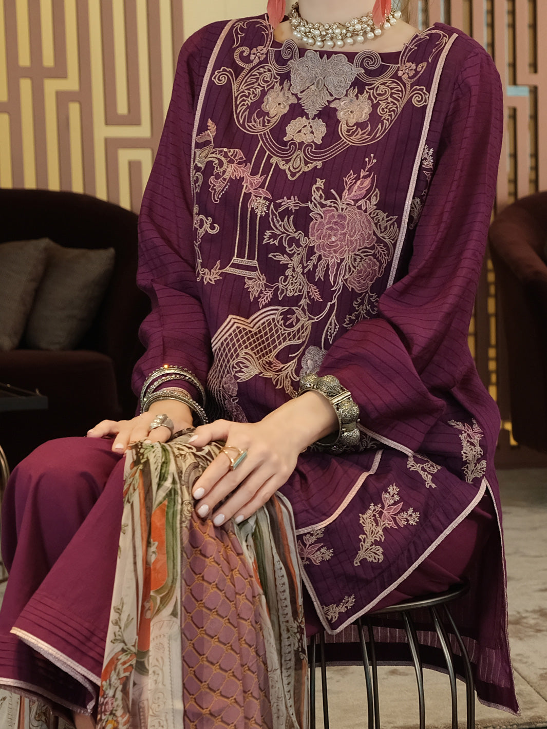Purple Khaddi Net 3Pc Stitched - ALP-3PS-899