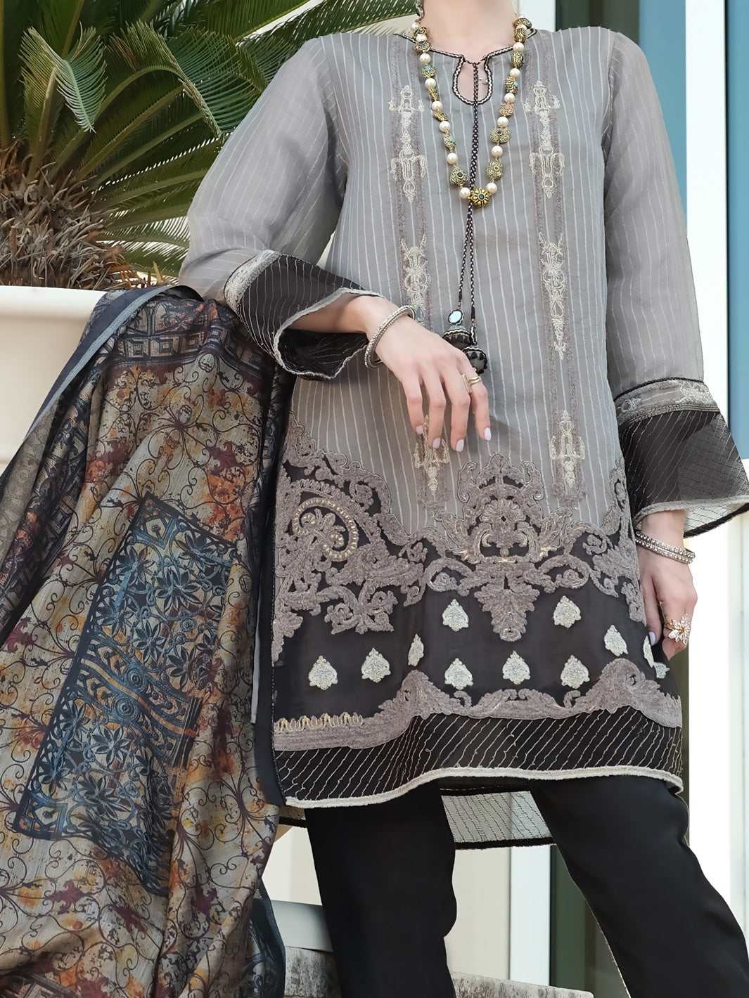 Grey Khaddi Net 3Pc Stitched - ALP-3PS-902