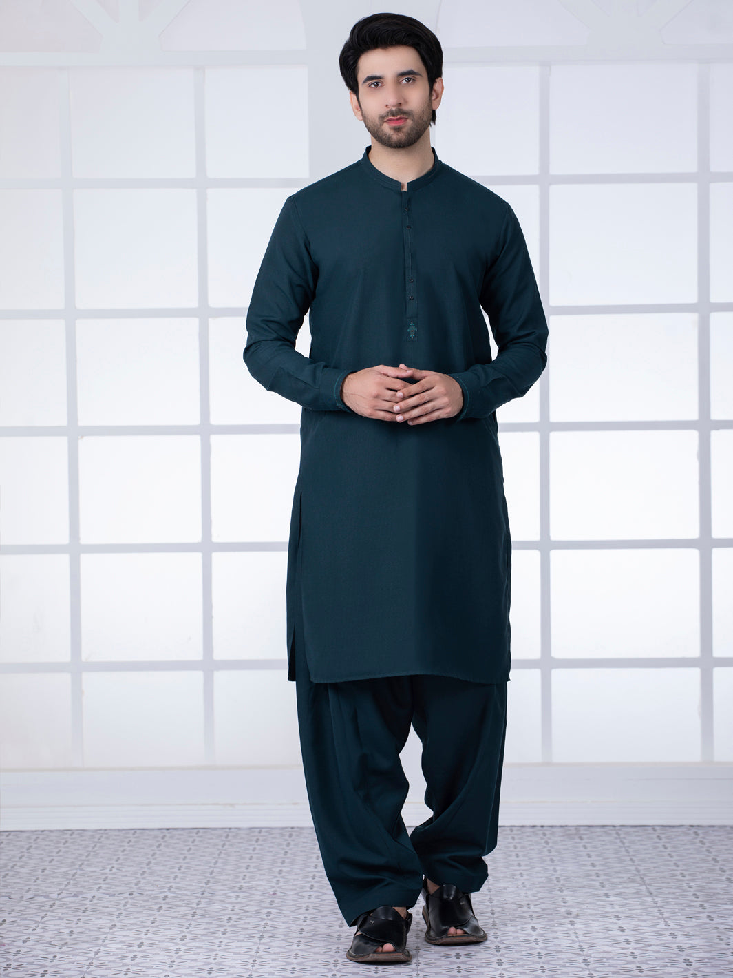 Dark Green Blended Kameez Shalwar - AL-KS-2788