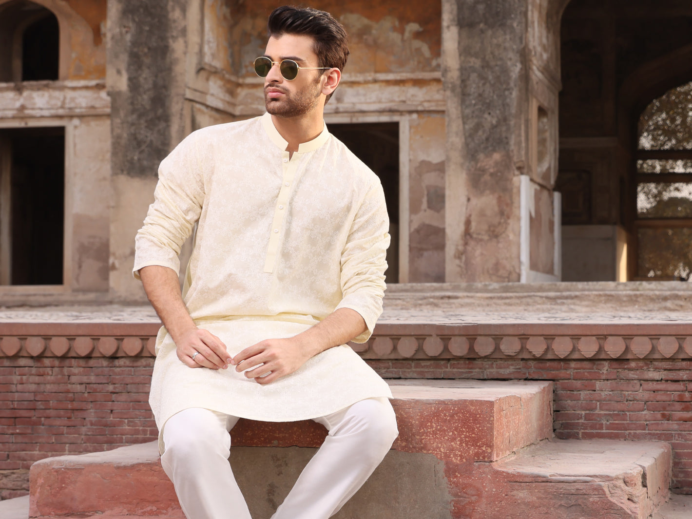 Lemon Yellow Cotton Schiffli Kurta - AL-K-712B