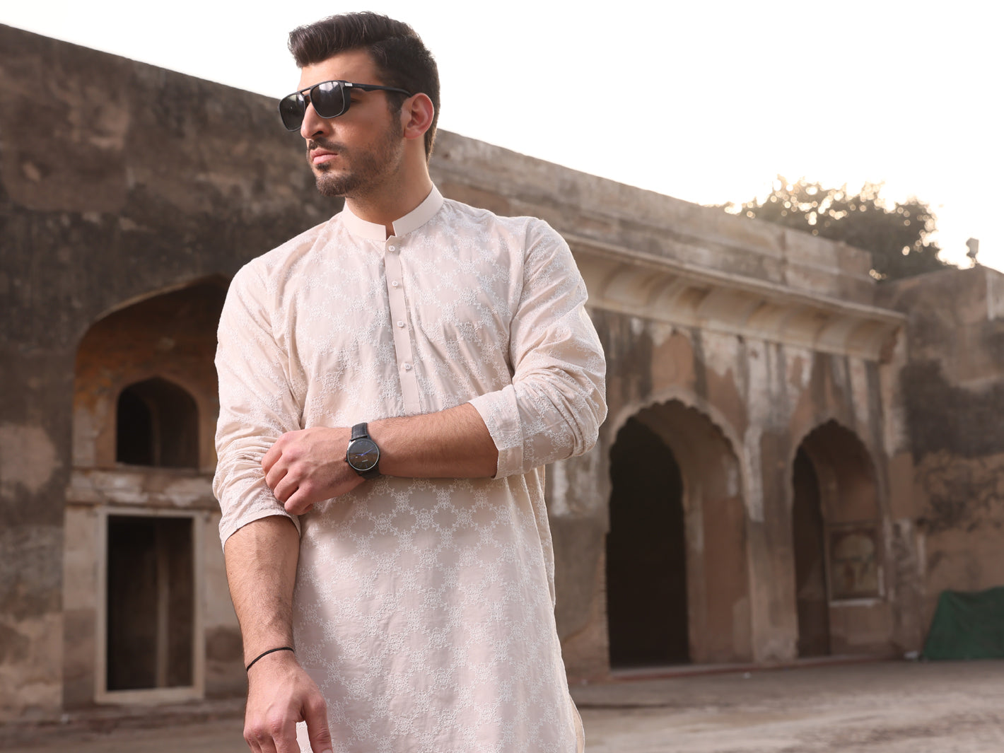 Fawn Cotton Schiffli Kurta - AL-K-712C