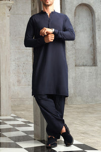 Navy Blue Blended Kameez Shalwar - AL-KS-2454