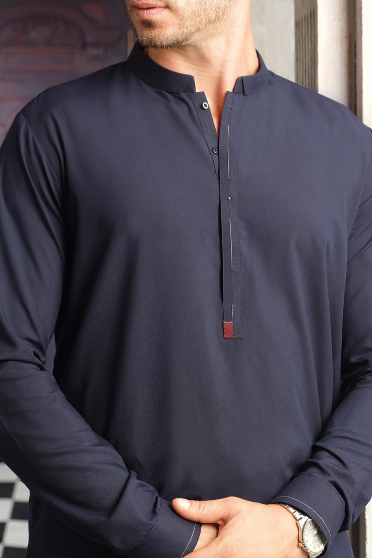 Navy Blue Blended Kameez Shalwar - AL-KS-2454